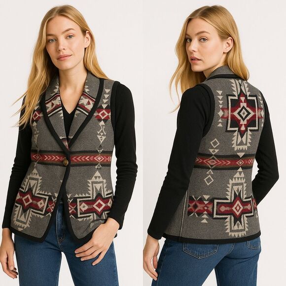 Pendleton Wool Blanket Vest S—Southwestern Geometric, Leather Trim Boho - Picture 1 of 12